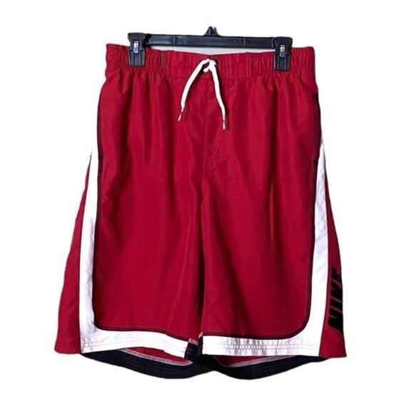 Nike Grey Tag Mens Swim Trunks Size‎ Large Red Black White Drawstring - Picture 1 of 8